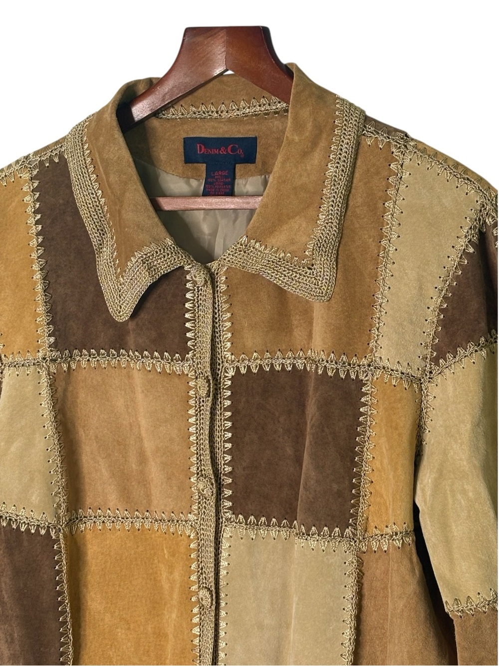 VTG Denim & Co Patchwork Suede Leather Jacket Crochet Trim L Boho - Picture 3 of 12